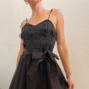 Vintage 1960's Black Floral Applique Bow Fit + Flare Midi Dress